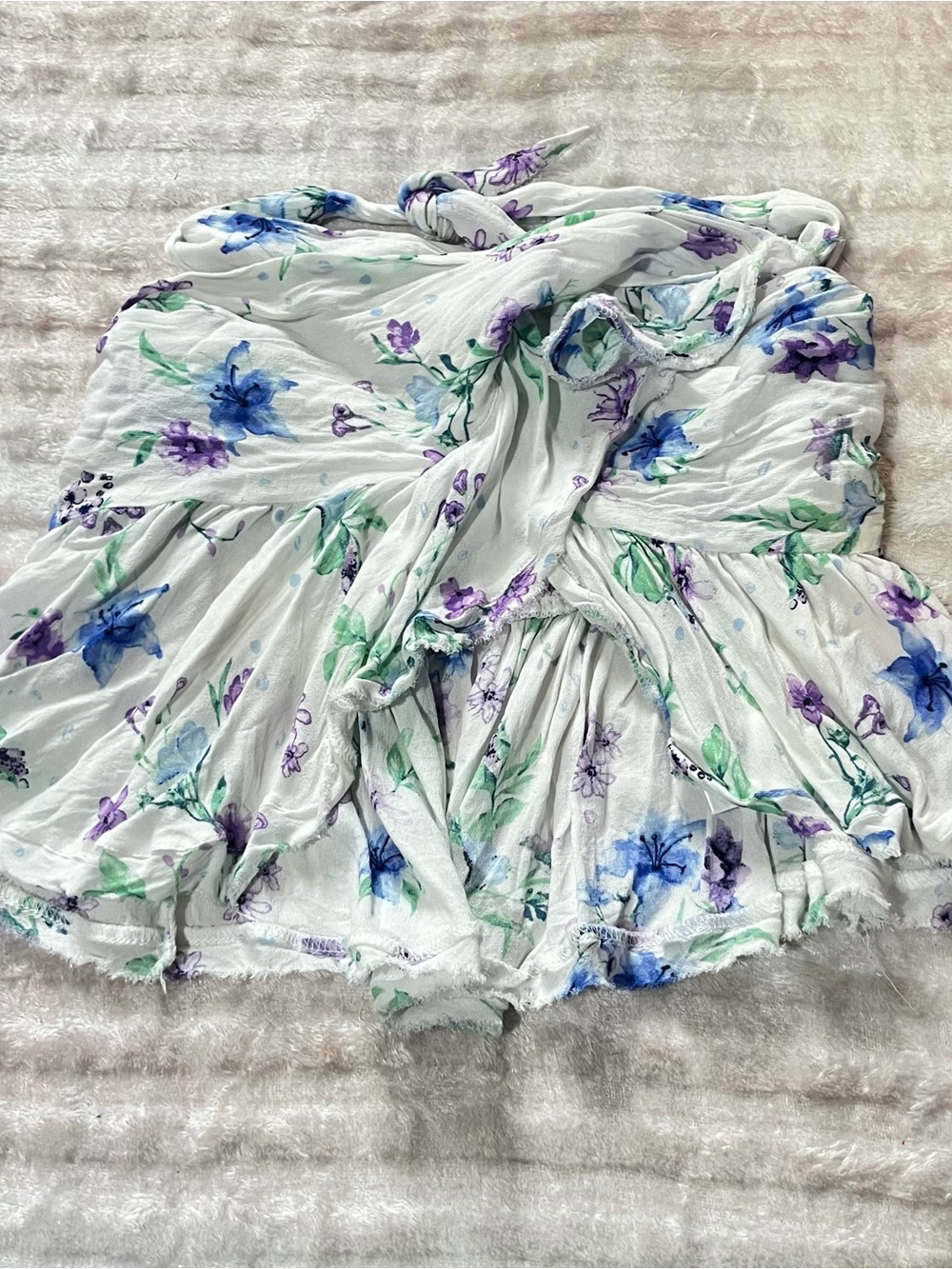 Skylar + Madison White Floral Strapless Crop Top with Purple & Blue Flowers